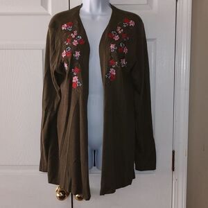 New Directions olive green floral embroidered open front cardigan  Sz XL